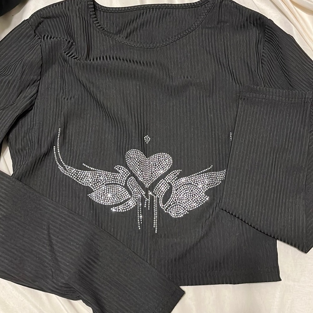 Black rhinestone cropped long sleeve